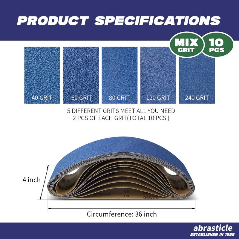 abrasticle 4"" x 36"" Zirconia Sanding Belts for Metal - 4 x 36 Inch Zirconia Metal Grinding Sand Paper, 10 PCS 2 Each of 40/60/80/120/240 Assorted Grits, Perfect for Metal Polishing, Derusting, Woodworking - Image 2